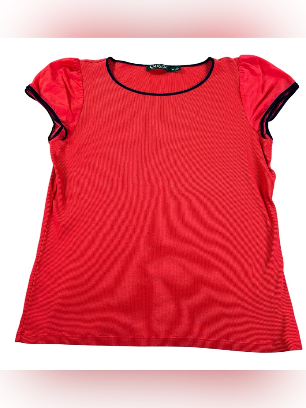 Lauren Ralph Lauren Ribbed Top Women’s XL Red Coral Puff Sleeve Navy Trim Cotton